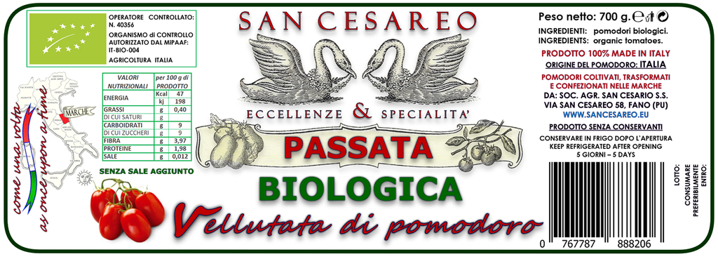 Passata di Pomodoro Vellutata Biologica 700gr - Azienda Agricola San Cesareo